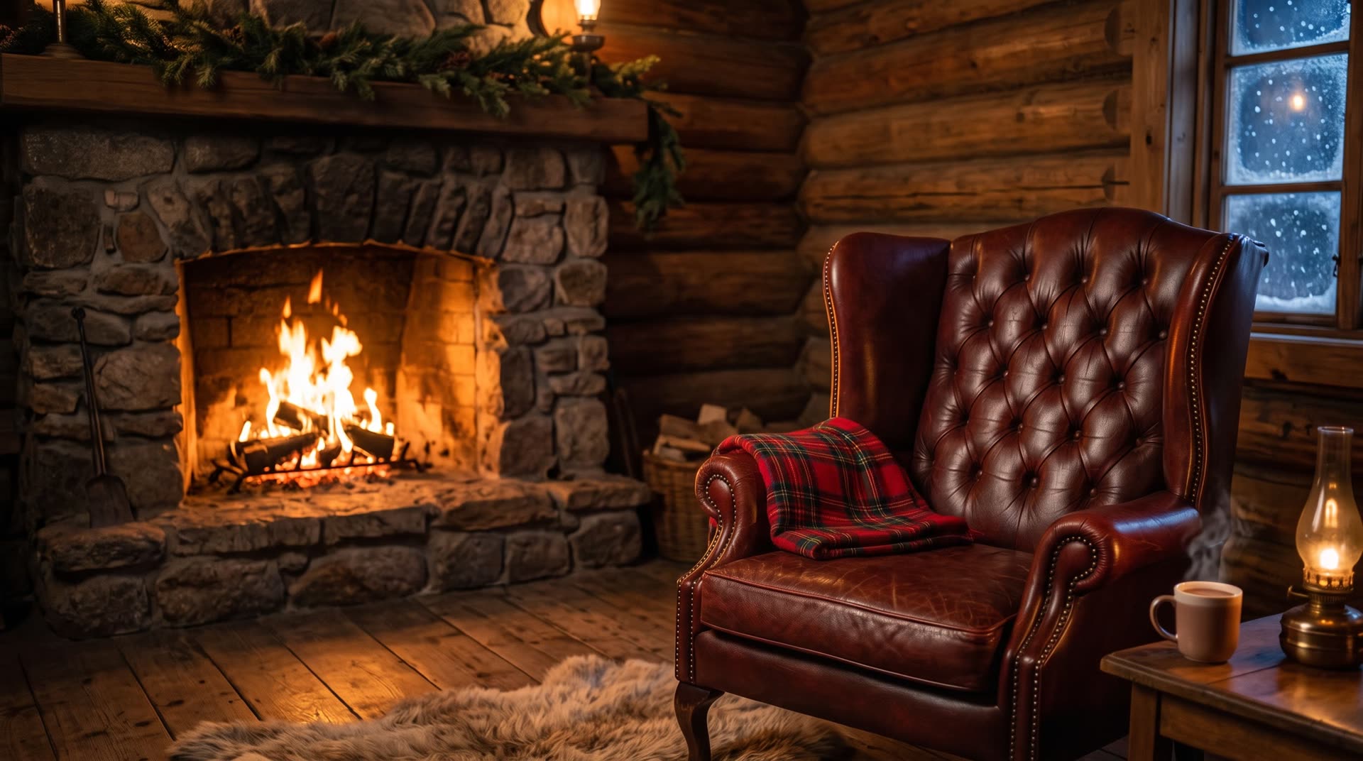 Santa’s empty armchair by the fire, a tartan blanket over the arm